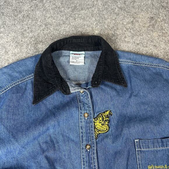 Vintage Dr. Seuss The Grinch Embroidered Denim Button Down Shirt XL Corduroy - Picture 4 of 9